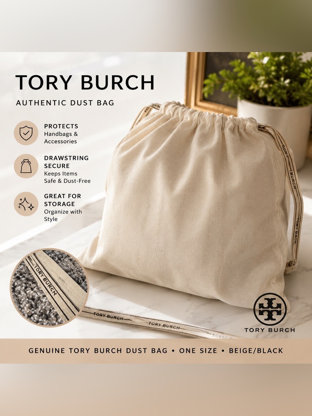 Authentic Tory Burch Beige Drawstring Dust Bag Storage Pouch Large